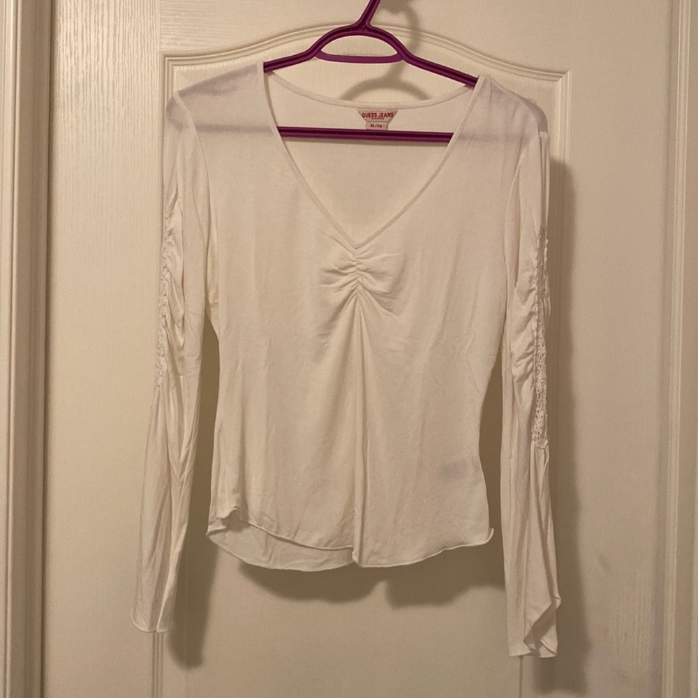 Guess White long sleeve top, lace down sides of arms